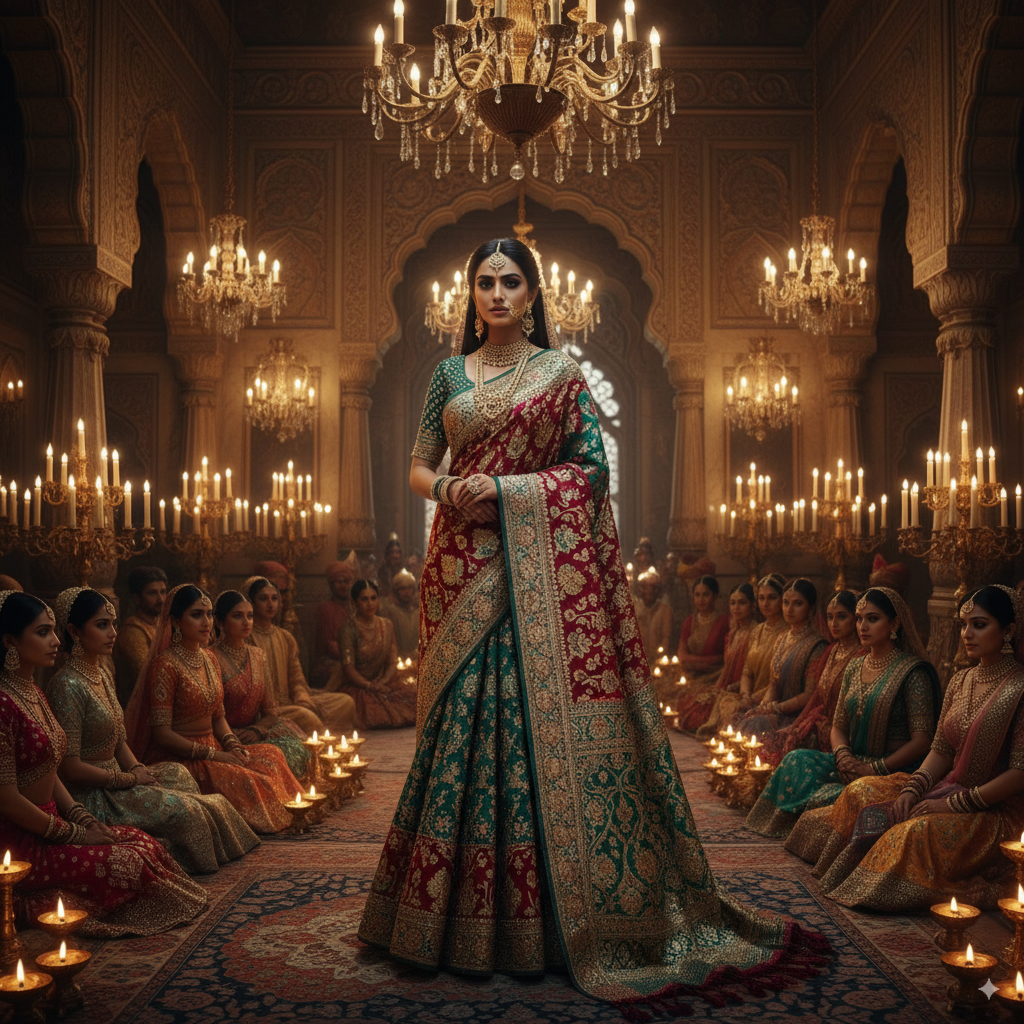 Nano Banana Saree designed in Mughal royal style, heavy brocade look with nano-embedded gemstones, bride in a candlelit royal durbar hall, opulent and majestic traditional setting.